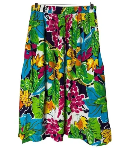 Vintage Retro tropical colourful midi skirt elastic waist & pockets size medium Green