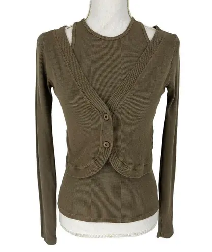 Monrow Baby Thermal Double Layer Cardi Top in Stone Green Size XS