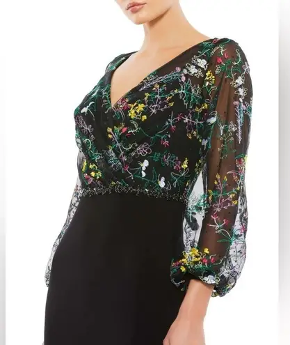 Mac Duggal  Embroidered Illusion Puff Sleeve Column Gown