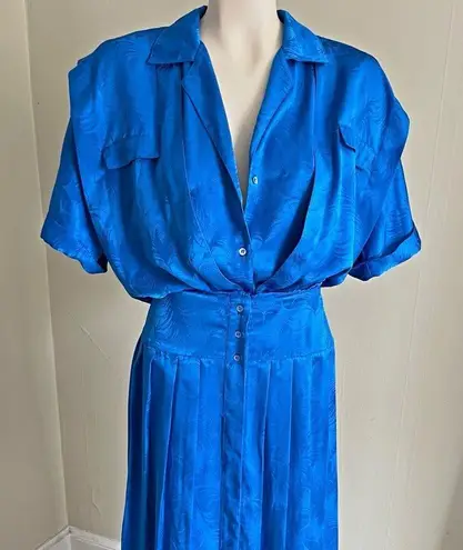 Vintage Blue  embossed satin feel pleated retro 80s maxi dress