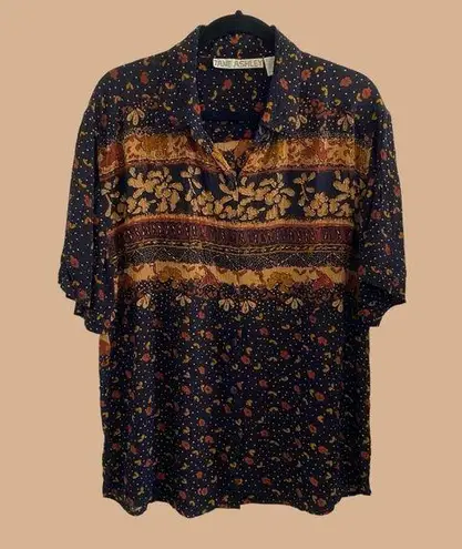 Jane Ashley Vintage Boho Floral Crinkle Cut Oversized Button Up Short Sleeve /