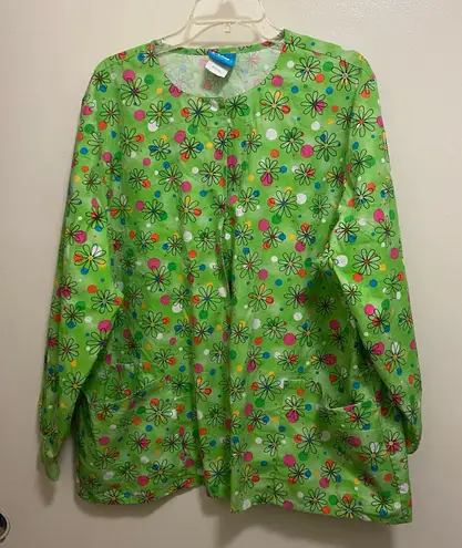 HQ Scrubs Womens Snap Front Scrub Top XL Bust 50” Green Floral Print Pink Yellow