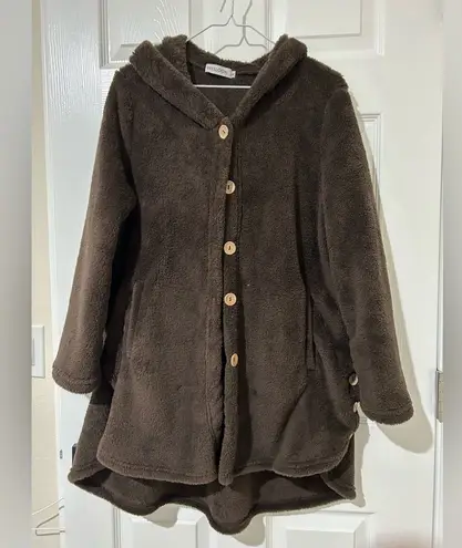 Misslook brown fuzzy house coat with hood pockets button up sz small - Image 1