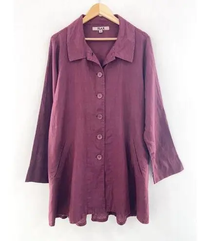Flax Women's Burgundy 100% Linen Tunic Shirt Dress Medium Lagenlook Long Sleeve