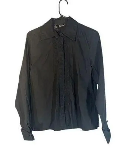 Rafaella Black Long Sleeve Collared Ruffle Front Button Down Blouse Women Sz 8