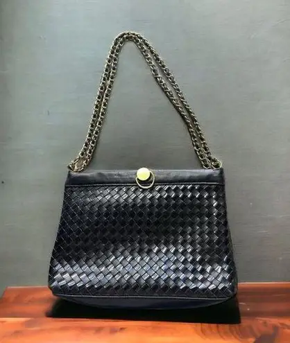 kim rogers Black Woven Leather Purse Gold Tone Chain Crossbody Hinged READ