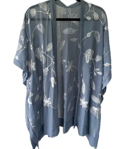 Fame Blue Sheer Boho Embroidered Floral Open Kimono Cardigan Cover Up One Size Size undefined