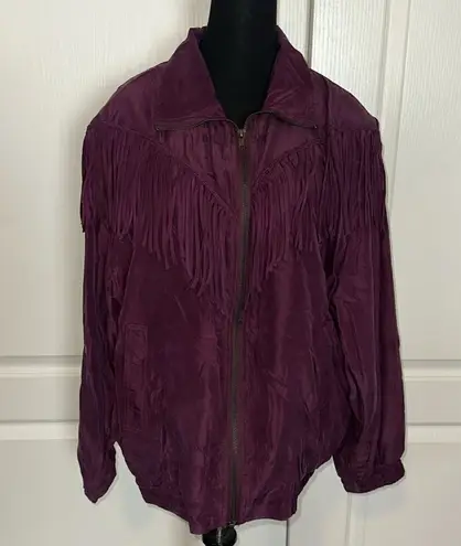 VTG SILK DARK PURPLE FRINGE WINDBREAKER ZIP UP JACKET Size M