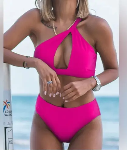 Beachsissi Solid Cutout One Shoulder Bikini Set