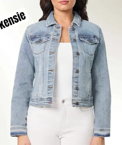 kensie jeans vintage luxe denim jacket light wash distressed size small Blue