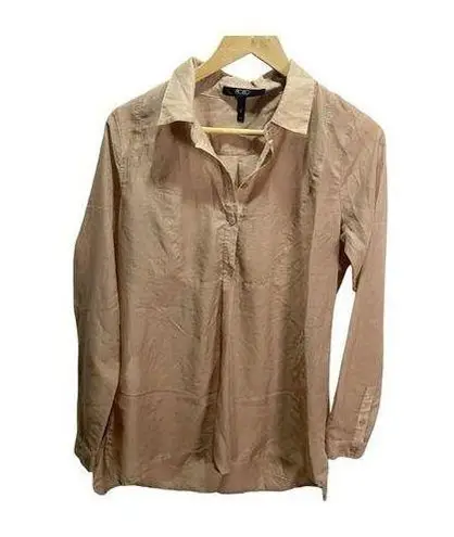 BCBG Paris Tan Sheer Henley Blouse S Career Casual Flowy Y2K Brown