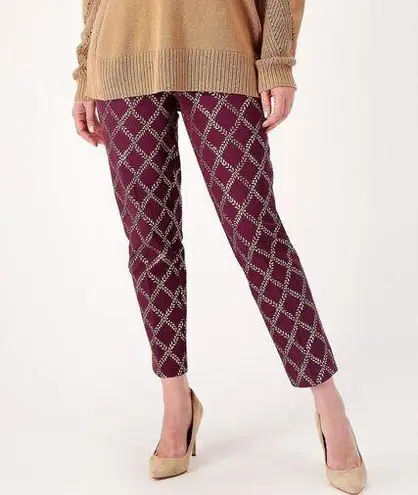 Isaac Mizrahi New Womens Live! Stretch Maroon Red Gold Foil Leaf Pants 16 T Tall