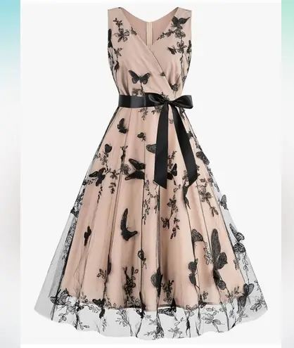 NWT 1950s Dress Vintage Elegant Butterfly Lace Cocktail Party Midi Dress Formal Black Size XXL