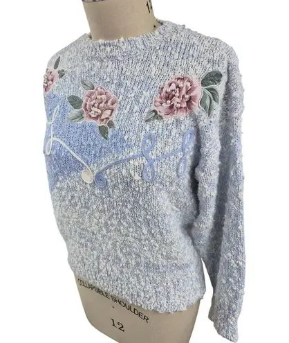 80s Vtg Needles & Yarn Grandma Acrylic Sweater Blue Rose Applique/Pearl 3D M Size M