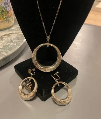 Vintage Silver Etched Hoop Drop Chinese Character Screw Back Earrings