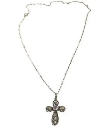 Vintage 18.5" 925 Sterling Silver Cross Dainty Necklace with Amethyst Stone Purple