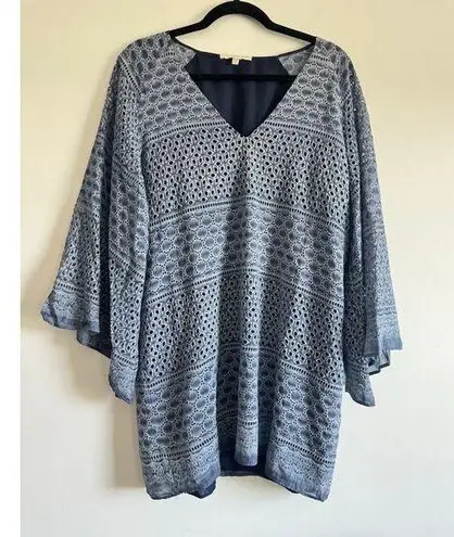 Lavender Brown Blue Eyelet Tunic Dress Large Boho Festival Kimono Sleeve USA