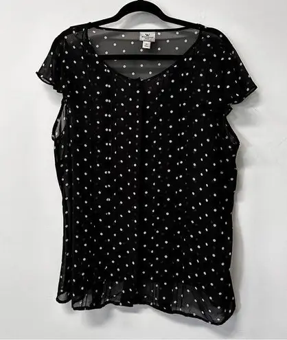 Worthington  Woman Sheer Black and white polka dot button down top sap sleeve