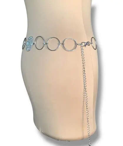 None Silver Tone Rhinestone Filigree Medallion Chain Link Belt Adjustable Fit Boho