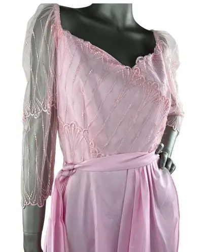 Vintage 1980s Pink Maxi Dress with Mesh and Embroidered Bodice Medium