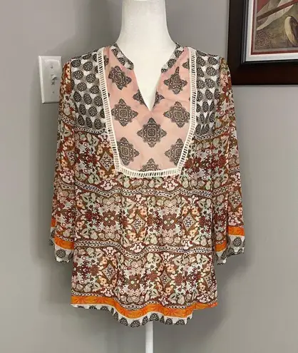 Valerie Stevens Petite Boho Sheer 3/4 length shirt geometric size womens XL