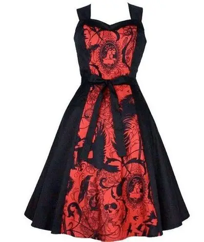 HEMET Gothic Halloween Black & Red Midi Dress Skull Birds Small Steampunk