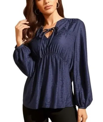 Mason & Belle NWT Boutique Top Navy Lace Blouse Long Sleeve Cinched Waist Sz L