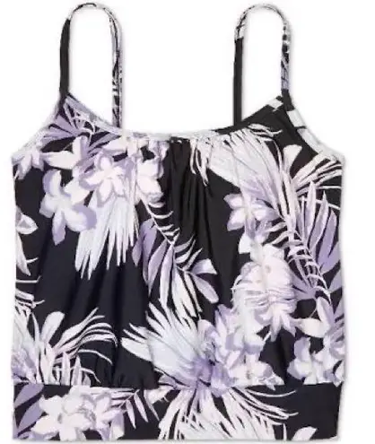 Kona Sol Blouson Tankini Top Black White Tropical Floral Pattern NWOT S