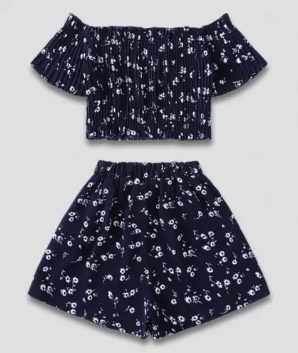 Vintage Y2K Floral Crop Top and Shorts Set Navy White Small Blue
