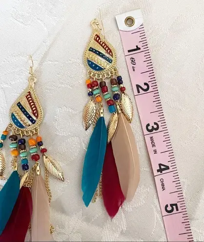 Long Bohemian Feather Chain Earrings Gold