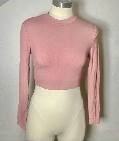 Pink Ribbed Long Sleeve Mock Neck Crop Top – Small – Y2K Minimalist Layering