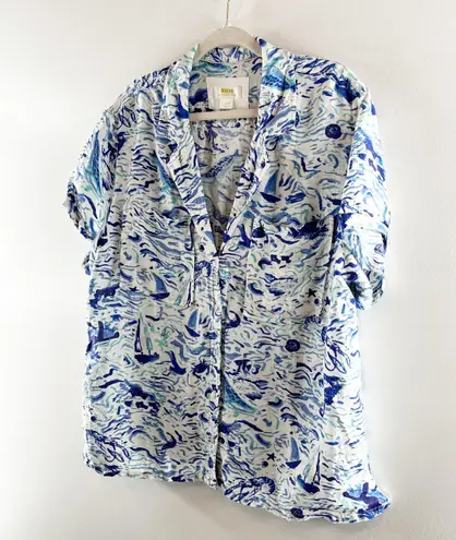 Maeve Anthropologie Short Sleeve Linen Blend Surf Shirt Blue XL