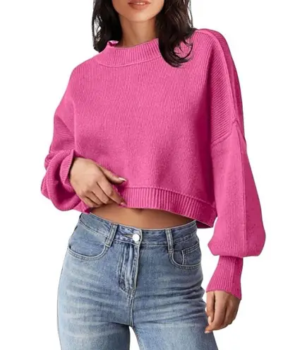 Sweater Womens XL Pink Crop Top Crewneck Cropped Batwing Sleeve Ribbed Tops D1