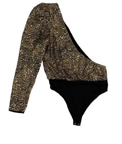 Revolve  H:ours Gold Sequin One Shoulder Long SleeveThong Bodysuit Size S Party