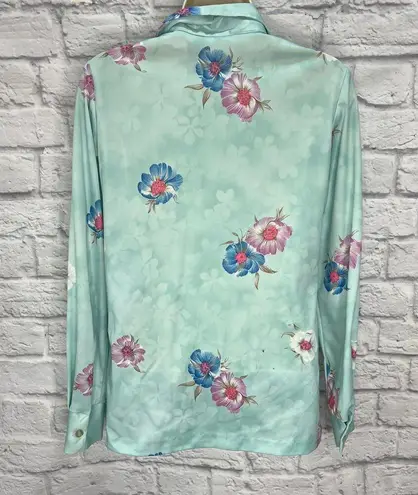 Vintage Nikki Button Down Blouse Teal Floral 70s Size M Long Sleeve Disco Blue Size M