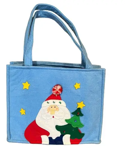 Felt Santa Christmas Tree Appliqué Double Handle Small Tote Resuable Gift Bag Blue