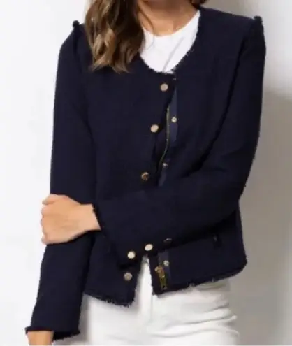 One/Third Tweed Fringed Trim Gold Zip Military Blazer Navy Dressy Size Small Blue