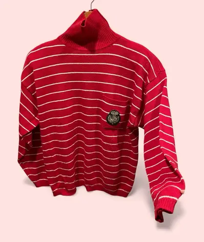 Cute vintage 80’s Chaus striped red white turtleneck sweater wool blend crested Size L