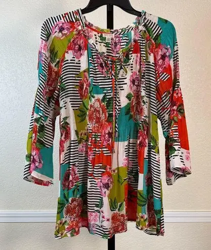Bohemian Bright Floral Tunic Top Lightweight Stretch Blouse Ruffle Modest Office Pink Size L