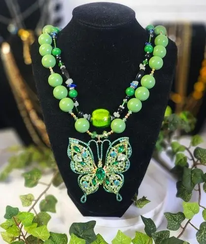 Handcrafted Green Double Strand Butterfly Necklace Bracelet Earrings Set