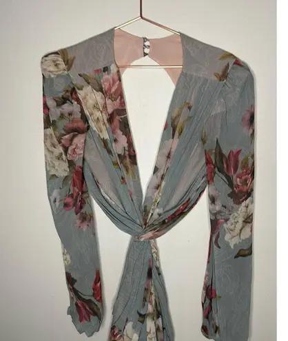 PatBo Peony Print Cutout Midi Crepe Long Sleeve Blue Pink Dress US Size 12