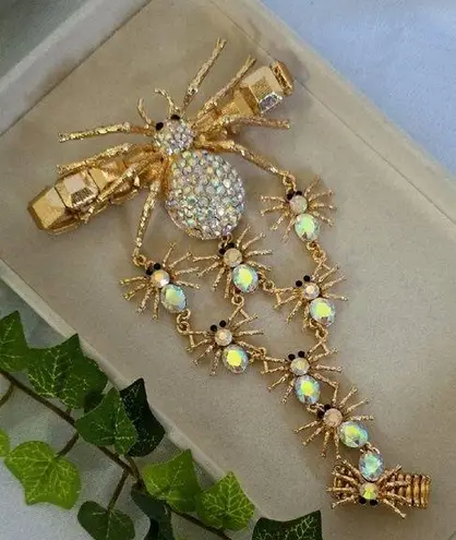 Boutique Unique Statement Gold Bracelet / Anklet with Attached Ring AB Spider Des…