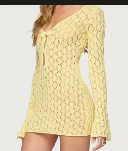 Edikted Brie Yellow Crochet Cut-Out Mini Dress XS NWT Festival Beach Cover Up