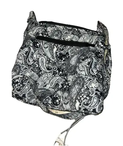 Black And White Paisley Crossbody Bag. Zips & Snaps, Adjustable Strap.