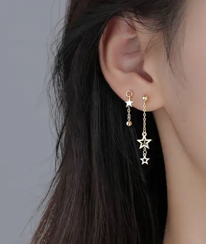 Asymmetry Star Pentagram Dangle Drop Earrings for Women Gold