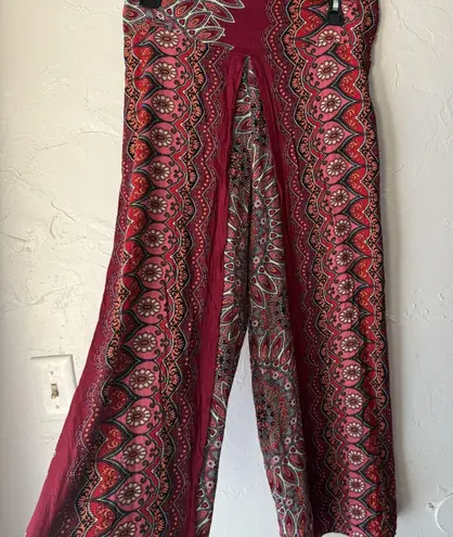 Boho Palazzo Pants Womens Small Floral Mandala Wide Leg Lightweight Rayon Flowy Red