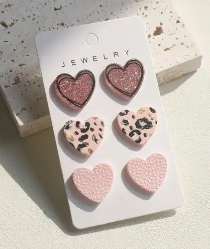 NEW 3 Pairs Heart Stud Earrings Pink & black Leopard Print heart earrings trendy