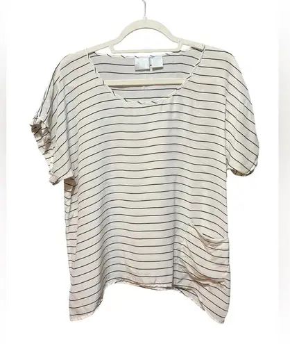 LiLu 100% Silk Short Sleeve Crew Neck Blouse Sz XS Ivory Black Striped White