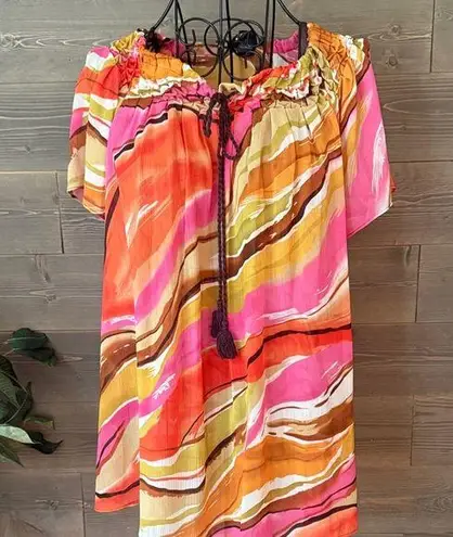 August Silk bold, colorful, short sleeve Boho style blouse