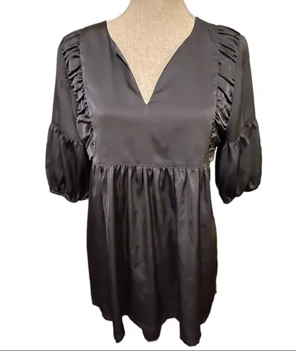 Pink Twill Women’s Babydoll Blouse Charcoal Gray Satin Feel Size M Short Sleeve Size M